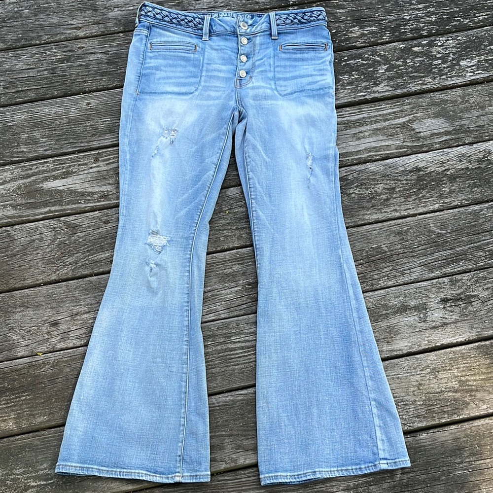 American Eagle Boho Artist with Braided Belt Waist Destroyed Super Stretch 14 R